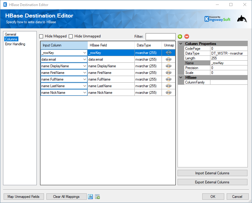 HBase Destination Component - Columns Page